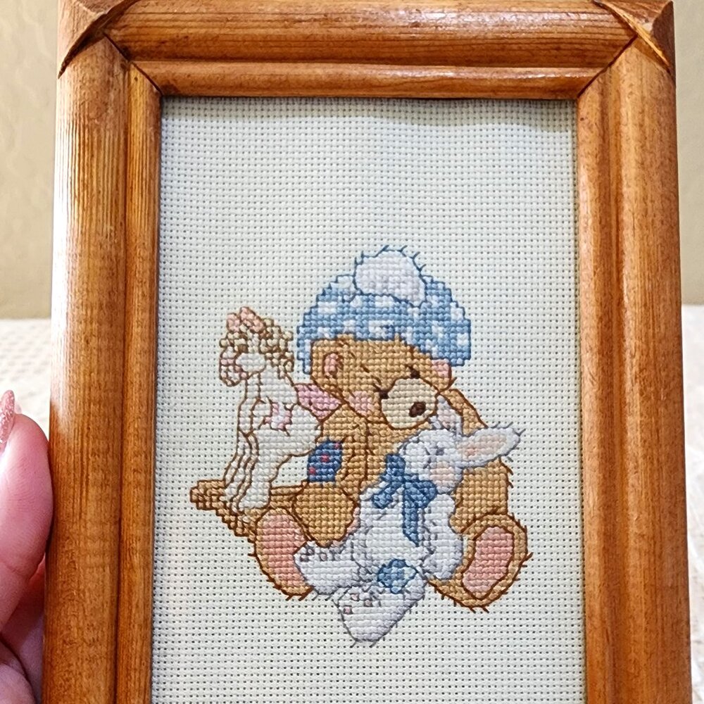 Precious Moments Bear, Rocking Horse, Bunny Handmade Picture Cross-Stitch Framed